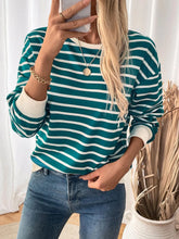 Load image into Gallery viewer, Striped Contrast Round Neck Long Sleeve Sweatshirt

