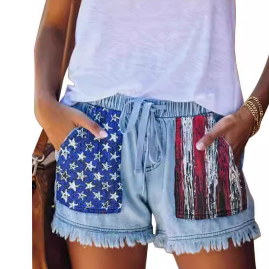 High waisted drawstring fringed denim shorts for women