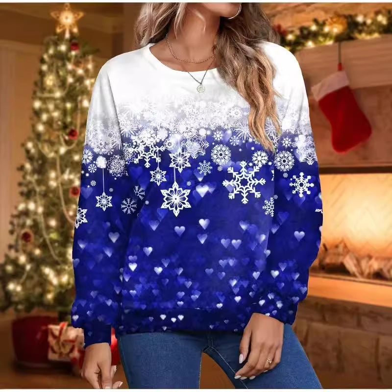Christmas Snowflake New Printed Women's Loose Casual Round Neck Hoodie