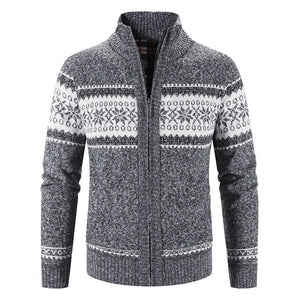 Color blocked Christmas snowflake stand up collar warm cardigan knitted jacket