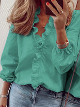 Load image into Gallery viewer, Full Size Ruffled V-Neck Long Sleeve Blouse
