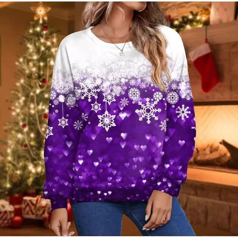 Christmas Snowflake New Printed Women's Loose Casual Round Neck Hoodie