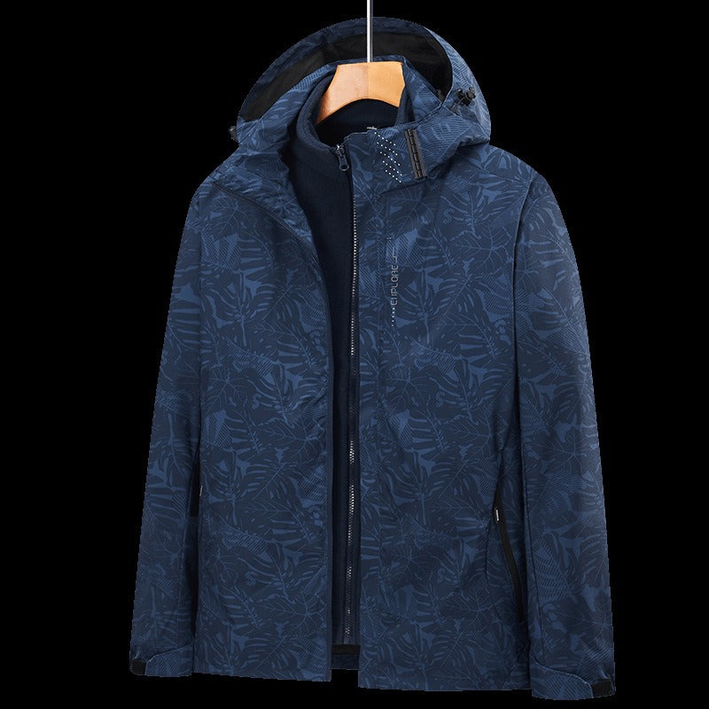 Men's Windproof And Waterproof Single Two-Piece Stand Collar Hooded Autumn And Winter Coat Printed LOGO