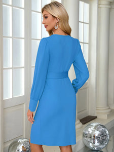 Slit V-Neck Long Sleeve Knee Length Dress