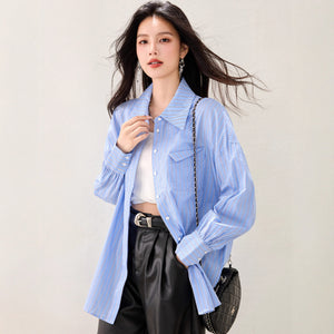 French Lazy Style Stripe Shirt Women Casual Loose Commute Vintage  Style Unique Blouse