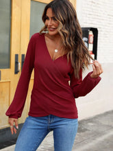 Load image into Gallery viewer, Women&#39;s long sleeved wrap top sexy casual waffle knit V-neck shirt solid color

