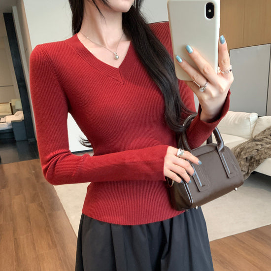 Crewneck Knit Top for Women, Slim Fit Long Sleeve Sweater