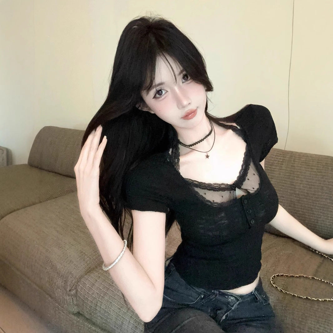 Elegant V-neck Lace Splicing Short Sleeve T-shirt Fake Two-piece Fitted Top