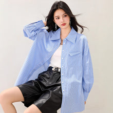 Load image into Gallery viewer, French Lazy Style Stripe Shirt Women Casual Loose Commute Vintage  Style Unique Blouse
