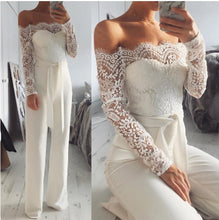 Load image into Gallery viewer, Lace patchwork one neckline butterfly jumpsuit with large flared pants
