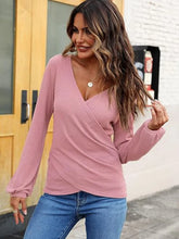 Load image into Gallery viewer, Women&#39;s long sleeved wrap top sexy casual waffle knit V-neck shirt solid color
