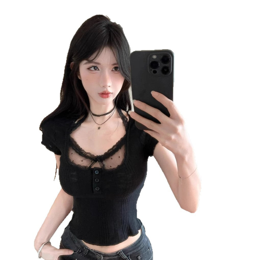 Elegant V-neck Lace Splicing Short Sleeve T-shirt Fake Two-piece Fitted Top