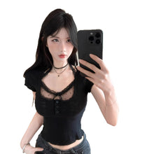 Load image into Gallery viewer, Elegant V-neck Lace Splicing Short Sleeve T-shirt Fake Two-piece Fitted Top
