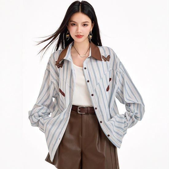 Retro Stripe Spliced Shirt for Women, Autumn Design