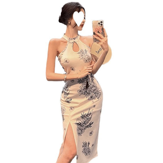 Improved Cheongsam Young Style Elegant Retro Print Daily Wear Mid-Length Sexy Fitted Dress