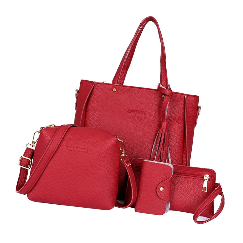 4pcs/Set PU Leather Handbag Fringe Shoulder Bags Purse Set Tote Bag Crossbody Bag Wallet Purse Messenger Satchel for Women