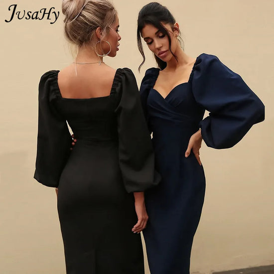 JusaHy Elegant Pure Color Latern Sleeves Bodycon Dress