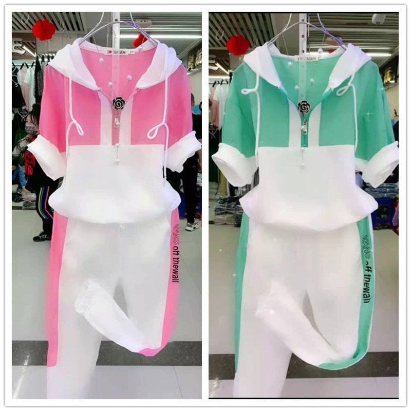 2023 Summer New Women Tracksuit Loose Fashion Casual Short Sleeve Hooded Top Pants