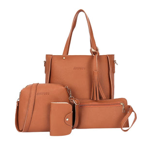 4pcs/Set PU Leather Handbag Fringe Shoulder Bags Purse Set Tote Bag Crossbody Bag Wallet Purse Messenger Satchel for Women