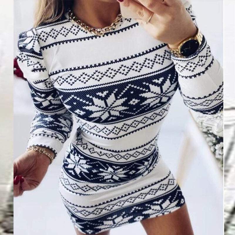 Dress Women Long Sleeve Christmas Pattern Knit Bodycon Dress
