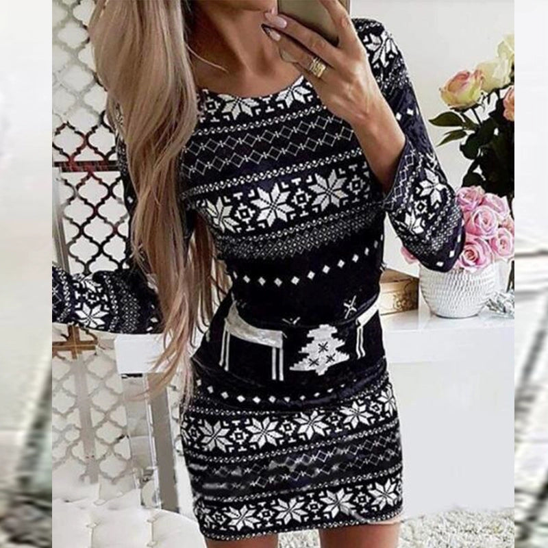 Dress Women Long Sleeve Christmas Pattern Knit Bodycon Dress