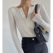 Load image into Gallery viewer, Black Slim Fit Slimming V-Neckline Long Sleeve T-shirt Knitwear
