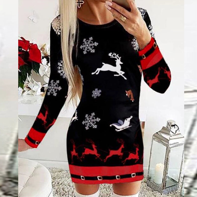 Dress Women Long Sleeve Christmas Pattern Knit Bodycon Dress