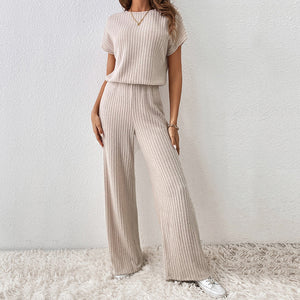 Round Neck Solid Color Fashion Knitted Top And Trousers Two-piece Set