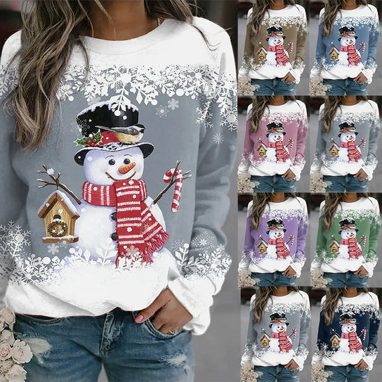 Women Christmas Snowman Printing Long Sleeve Stitching