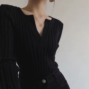 Black Slim Fit Slimming V-Neckline Long Sleeve T-shirt Knitwear