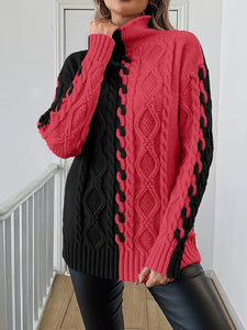 New Women's Fashion Color Contrast Stitching Symmetrical High Collar Loose Sweater