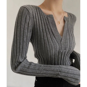 Black Slim Fit Slimming V-Neckline Long Sleeve T-shirt Knitwear