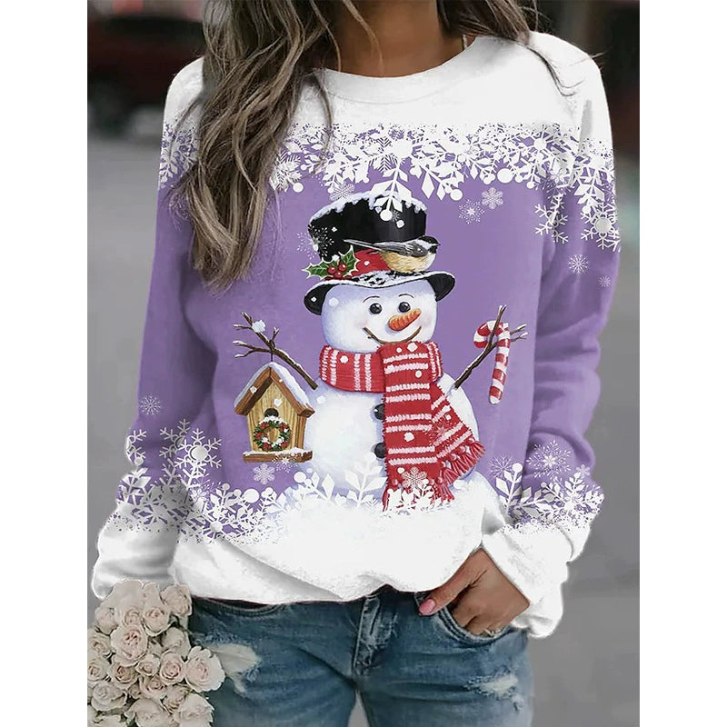 Women Christmas Snowman Printing Long Sleeve Stitching
