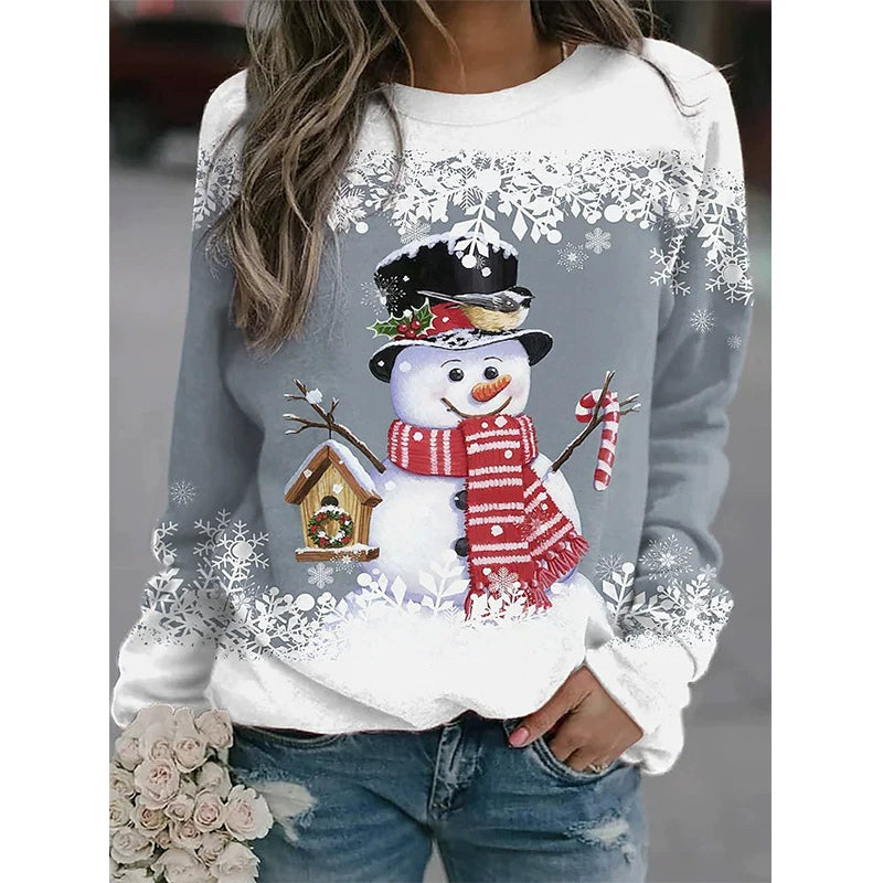 Women Christmas Snowman Printing Long Sleeve Stitching