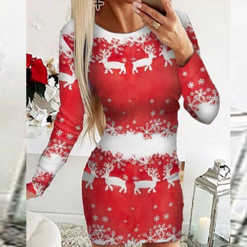 Dress Women Long Sleeve Christmas Pattern Knit Bodycon Dress