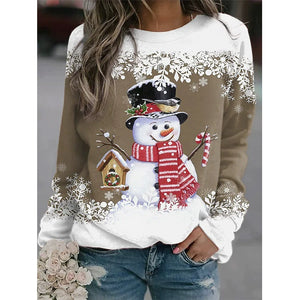 Women Christmas Snowman Printing Long Sleeve Stitching