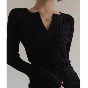 Black Slim Fit Slimming V-Neckline Long Sleeve T-shirt Knitwear