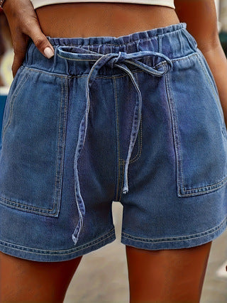 Women's Plus Size Summer Jeans Elastic Waist Tie Solid Color