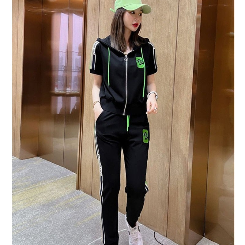 2023 Summer New Women Tracksuit Loose Fashion Casual Short Sleeve Hooded Top Pants