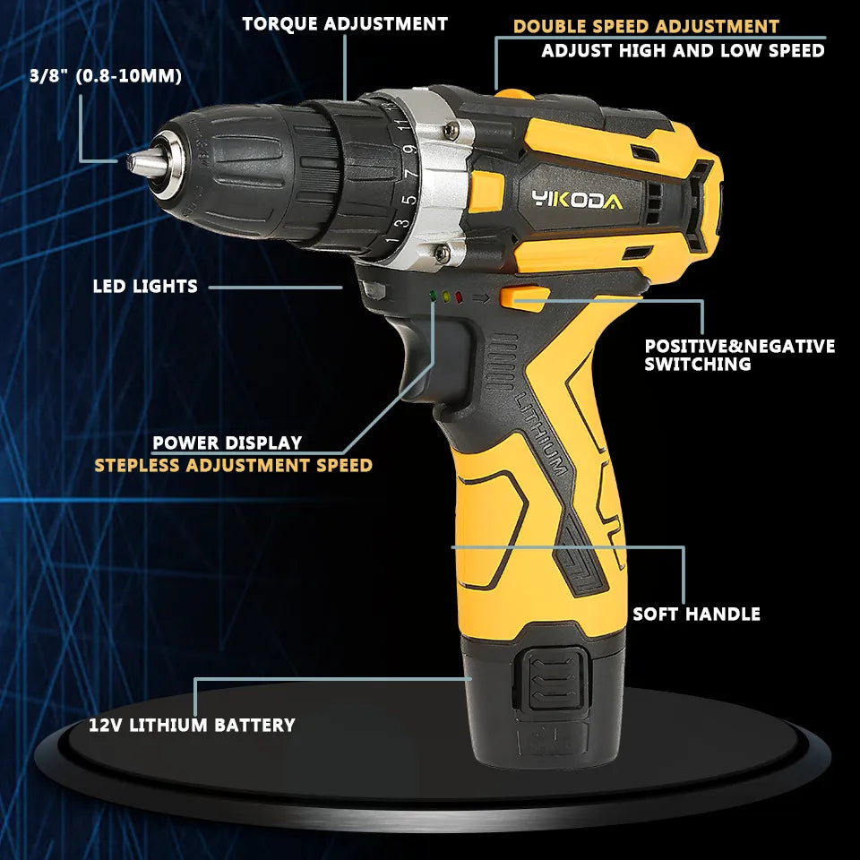 YIKODA 12/16.8/21V Cordless Drill Rechargeable Electric Screwdriver