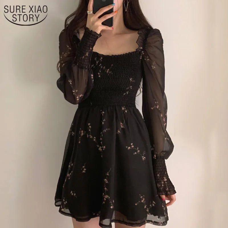 Autumn Womens Sexy Black Dress Vintage Flower Long Puff Sleeve