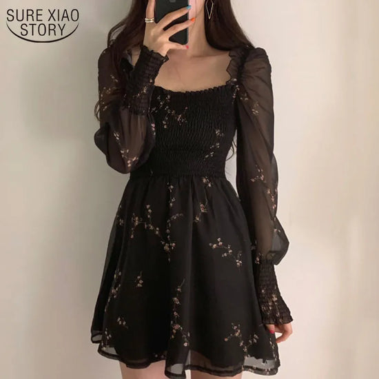 Autumn Womens Sexy Black Dress Vintage Flower Long Puff Sleeve