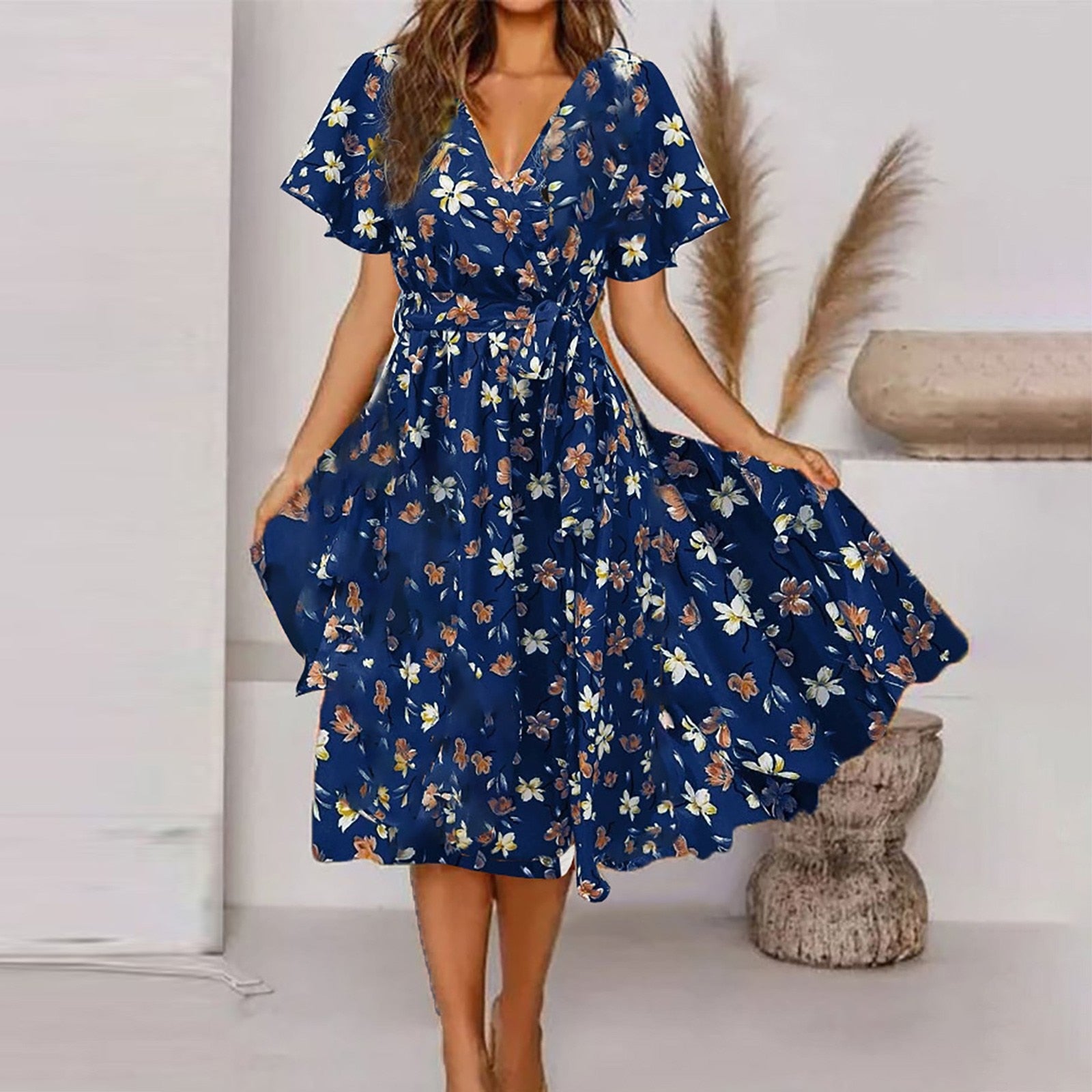 2023 Boho Vintage Print Women Maxi Dress Summer Fashion