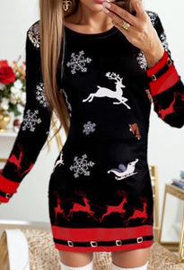 Dress Women Long Sleeve Christmas Pattern Knit Bodycon Dress