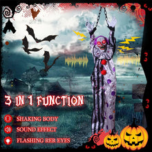 Load image into Gallery viewer, Motion Activated Prop Animatronic Clown/Corpse  Outdoor Decorations Scary Light-Up Red Eyes&amp;Sound Talking Ghost
