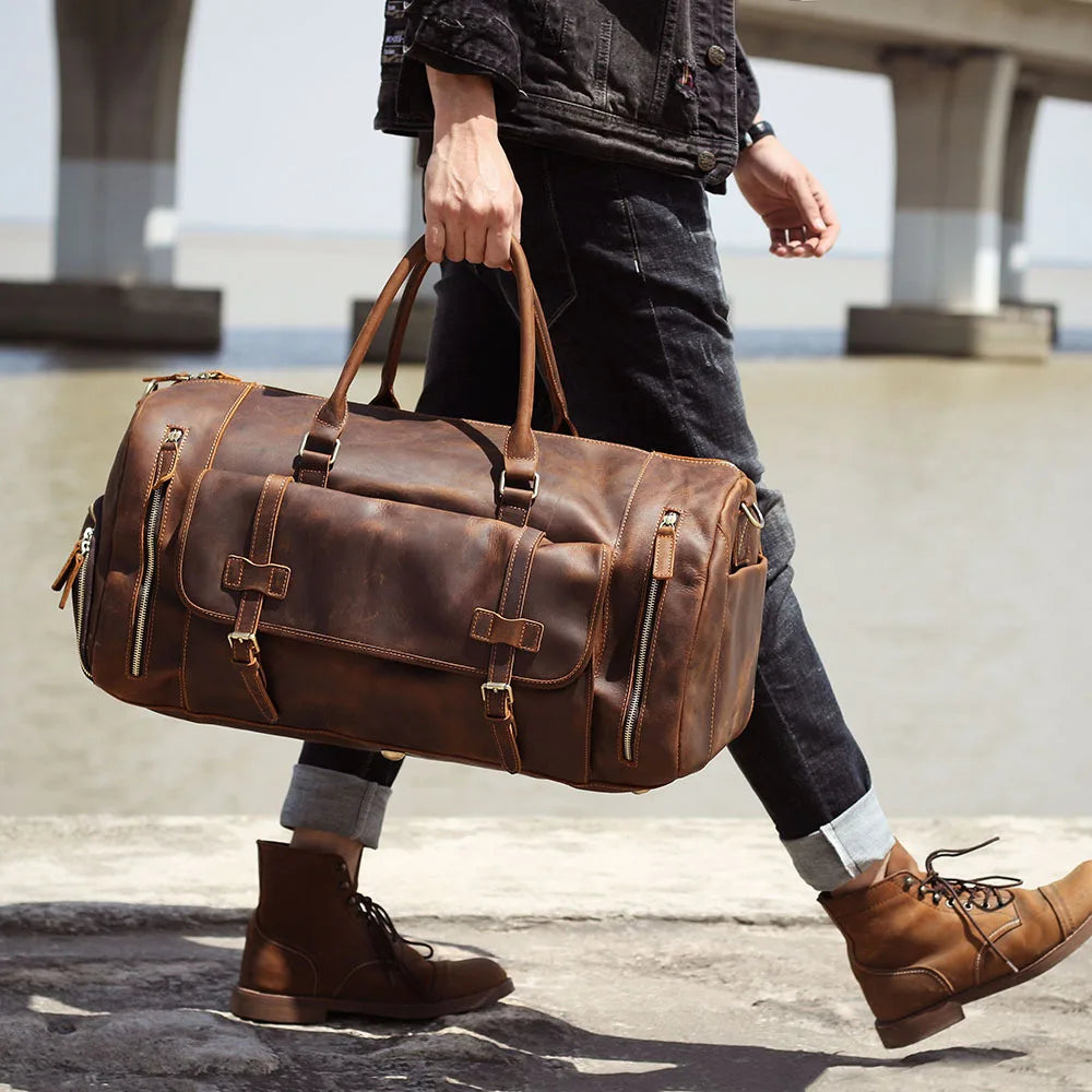 Luufan Genuine Leather Men's Travel Bag With Shoe Pocket