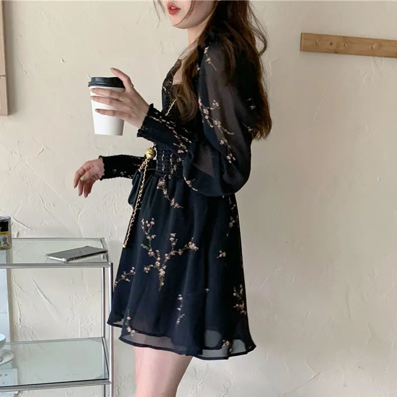 Autumn Womens Sexy Black Dress Vintage Flower Long Puff Sleeve