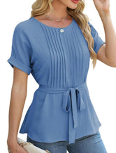 Load image into Gallery viewer, Casual Shirt Ruffled Pleated Round Neck Short Sleeve Top
