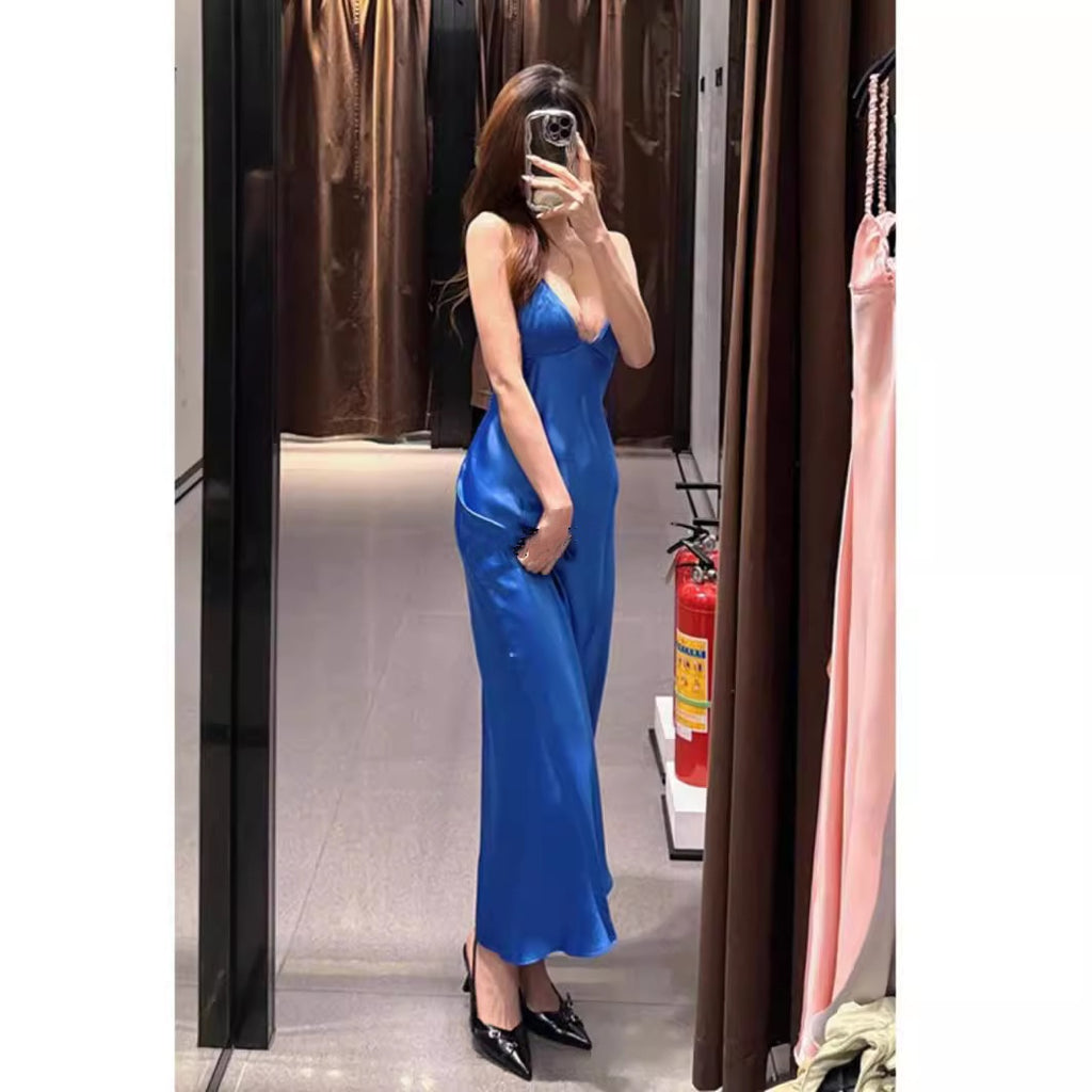 Blue French Silky Satin Halter Spaghetti Straps Dress