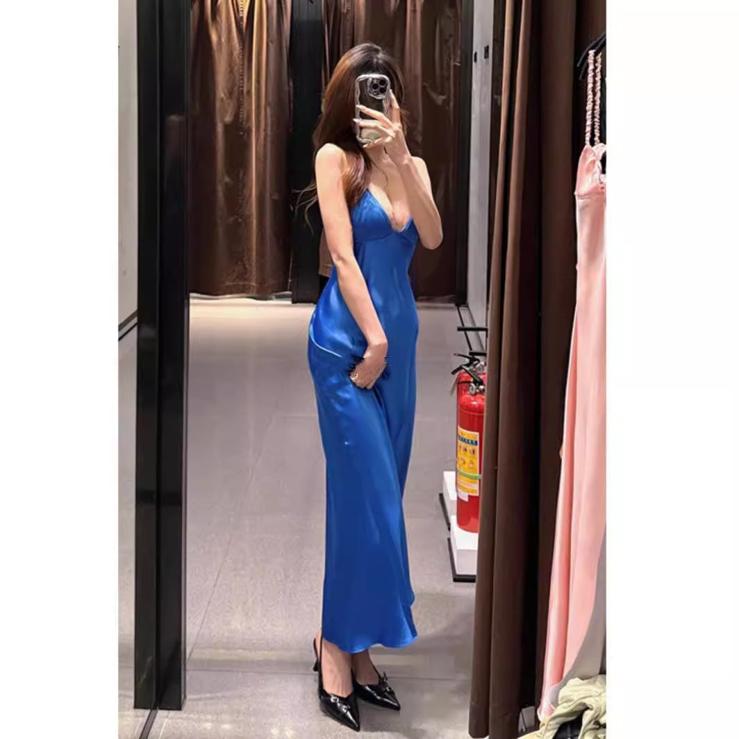 Blue French Silky Satin Halter Spaghetti Straps Dress